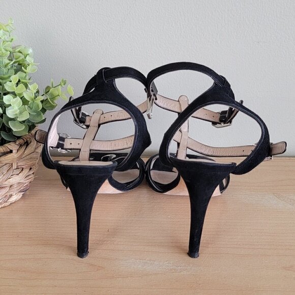 Stuart Weitzman T Strap Black Suede Double Ankle Buckle Strappy Heels Sandals - Picture 5 of 16